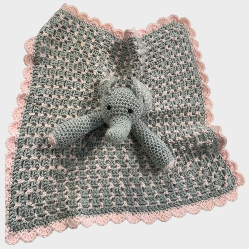 Handmade Crochet Elephant Gray Pink Lovey